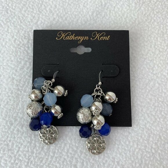 Katheryn Kent Blue Silver Bead Dangle Hook Earrings New - Picture 1 of 3
